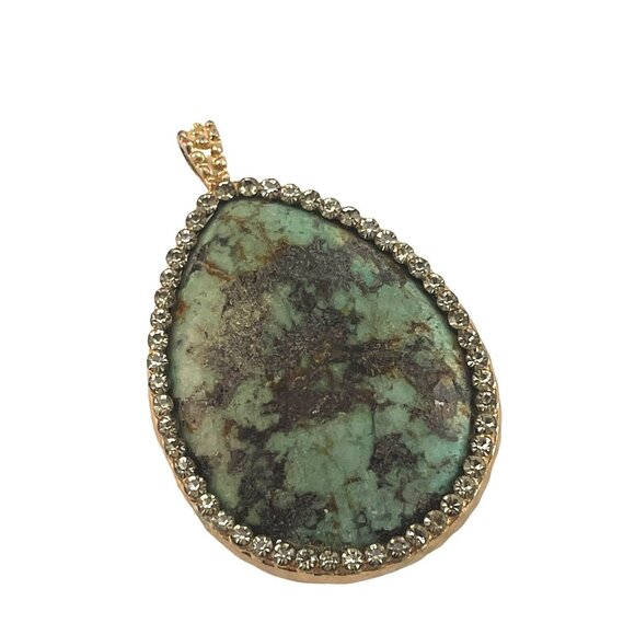 African Turquoise Tear Drop Natural Stone Pendant with Rhinestone Accents 2 inch - Picture 2 of 6